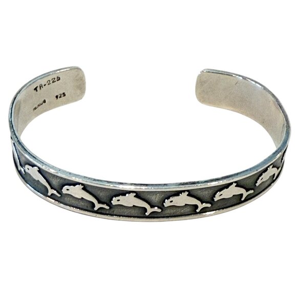 Sterling Silver 925 Happy Dolphin Cuff Bracelet Silver Black Adjustable - Picture 5 of 5